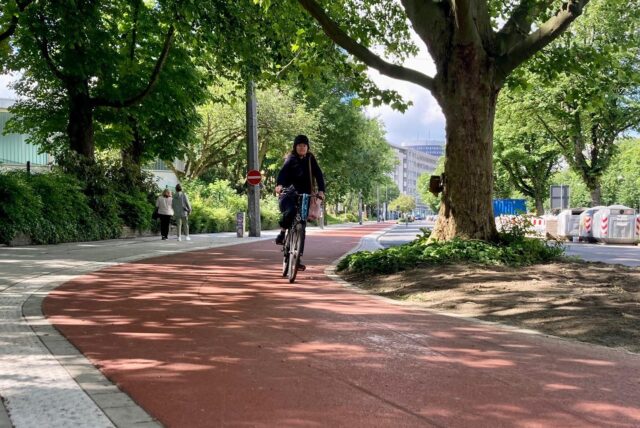 Ein Radfahrerin auf dem Radwall in Dortmund.