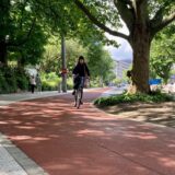 Ein Radfahrerin auf dem Radwall in Dortmund.