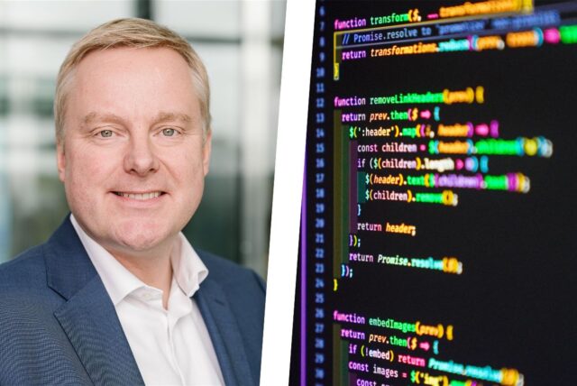 Montage: Ein Portraitfoto von Frank Wrede und ein dunkler Bildschirm mit Programmcode.