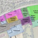 Bunte Felder signalisieren in einem Plan, wo Tennisplätze, Hallenbad, Eishalle, Bikepark und Feuerwehr künftig ihren Standort haben sollen.