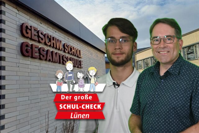Montage: Schülervertreter Collin Goellzner und Schulleiter Christian Gröne vor der Aussenfassade der Geschwister-Scholl-Gesamtschule in Lünen.