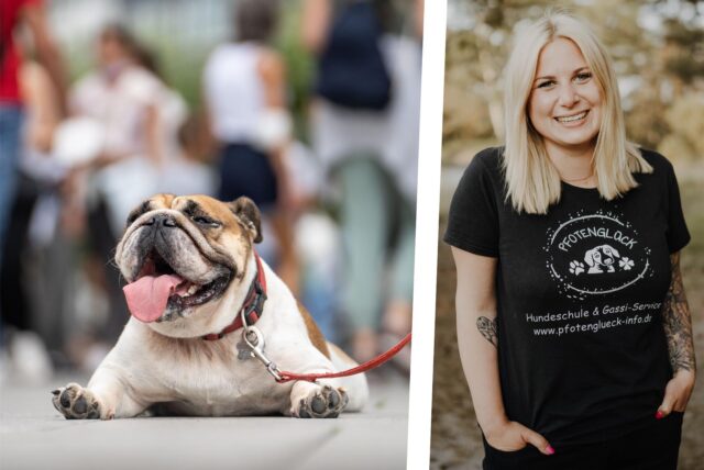 Auf dem Bild ist ein zusammengesetztes Foto zu sehen. Links ist eine Bulldogge an der Leine zu sehen, die sich auf dem Boden ausruht. Rechts ist Lisa-Marie Komorowski abgebildet.