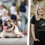 Auf dem Bild ist ein zusammengesetztes Foto zu sehen. Links ist eine Bulldogge an der Leine zu sehen, die sich auf dem Boden ausruht. Rechts ist Lisa-Marie Komorowski abgebildet.