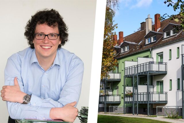Eine Collage mit Markus Roeser vom Mieterverein Dortmund und einem Wohnhaus in der Märchensiedlung in Dortmund Kemminghausen.
