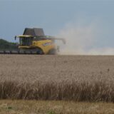 Mähdrescher fährt über ein Feld