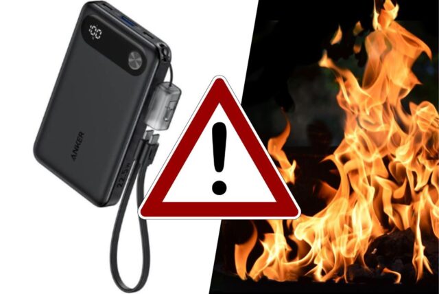 Collage: Links im Bild: eine Anker Powerbank, rechts im Bild: ein loderndes Feuer, im Vordergrund: Ein Warndreieck