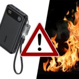 Collage: Links im Bild: eine Anker Powerbank, rechts im Bild: ein loderndes Feuer, im Vordergrund: Ein Warndreieck