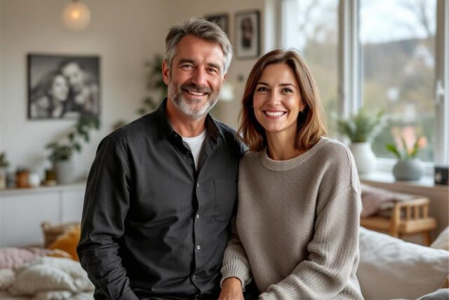 Ein Mann und eine Frau Anfang 50 in ihrem Wohnzimmer lächeln in die Kamera.