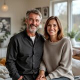 Ein Mann und eine Frau Anfang 50 in ihrem Wohnzimmer lächeln in die Kamera.