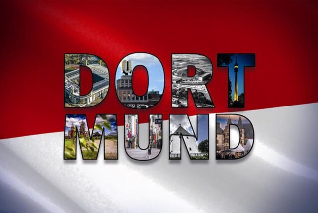 Das Wort Dortmund auf rotweißem Grund und gefüllt mit zahlreichen Wahrzeichen