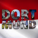 Das Wort Dortmund auf rotweißem Grund und gefüllt mit zahlreichen Wahrzeichen