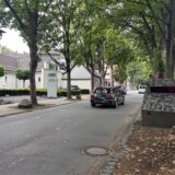 Auf der Goethestraße in Schwerte steht am Fahrbahnrand in einem Beet der Superblitzer des Kreises Unna. Ein schwarzes Auto passiert ihn in Fahrtrichtung Rathaus.