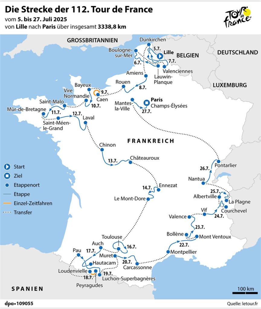 Tour de France 2025: Die Strecke auf der Karte. Tour de France 2025: Die Strecke auf der Karte.
