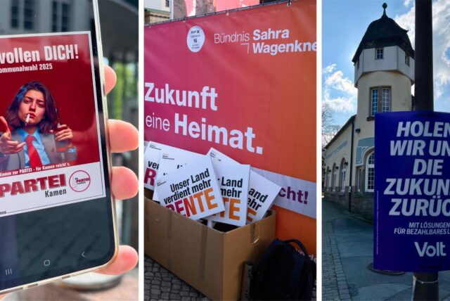 Wahlplakate von Die PARTEI, BSW und Volt