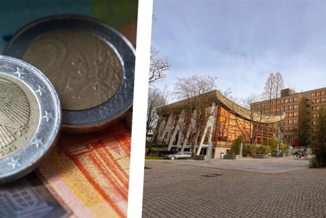 Links sind zwei Zwei-Euro-Münzen zu erkennen, rechts das Rathaus in Bergkamen.