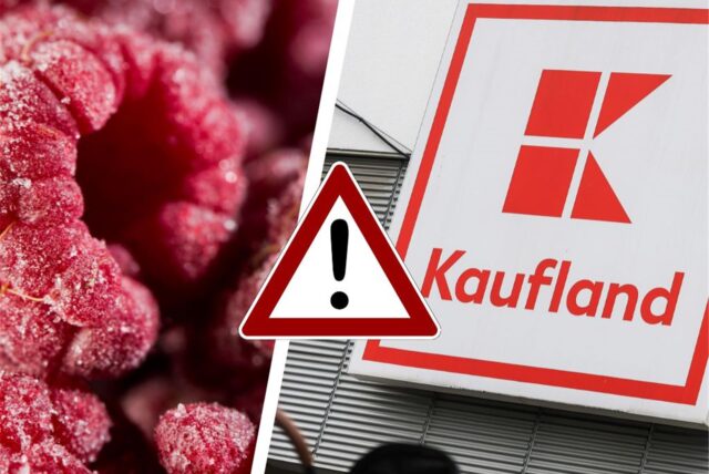 Collage aus Tiefkühl-Himbeeren und Kaufland-Logo. In der Mitte ein Ausrufezeichen.