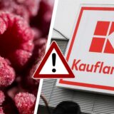 Collage aus Tiefkühl-Himbeeren und Kaufland-Logo. In der Mitte ein Ausrufezeichen.