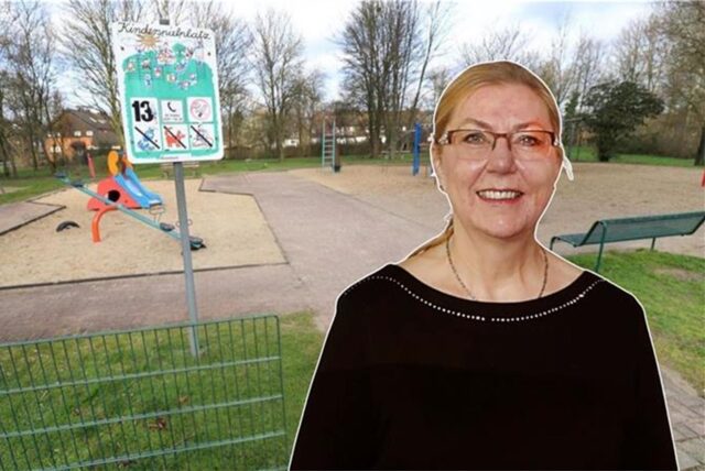 Bildmontage: Christine Busch, erste Beigeordnete Stadt Bergkamen, lächelt in die Kamera. Im Hintergrund ist ein Spielplatz zu sehen.