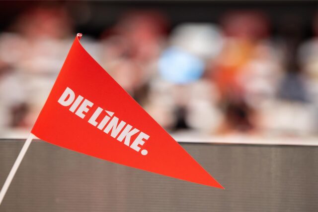 Ein Parteifähnchen der Partei „Die Linke“.
