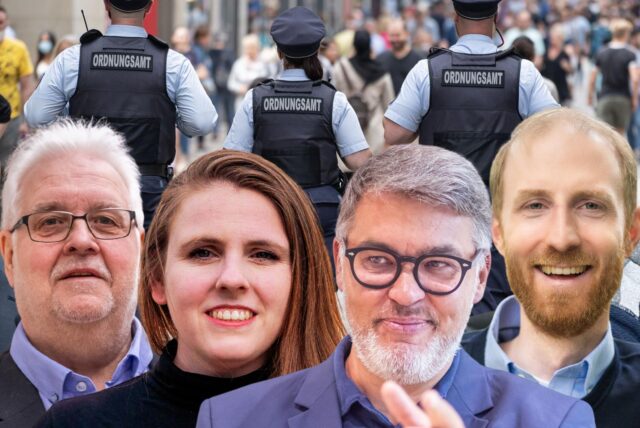 Die Spitzenkandidaten der größten Parteien für die Ratswahl 2025 (v.l.): Michael Kauch (FDP), Heiner Garbe (AfD), Katrin Lögering (Grüne), Thomas Westphal (SPD), Jendrik Suck (CDU), Utz Kowalewski (Linke). Im Hintergrund: Ordnungsamt-Mitarbeiter auf dem Westenhellweg.