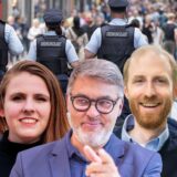 Die Spitzenkandidaten der größten Parteien für die Ratswahl 2025 (v.l.): Michael Kauch (FDP), Heiner Garbe (AfD), Katrin Lögering (Grüne), Thomas Westphal (SPD), Jendrik Suck (CDU), Utz Kowalewski (Linke). Im Hintergrund: Ordnungsamt-Mitarbeiter auf dem Westenhellweg.