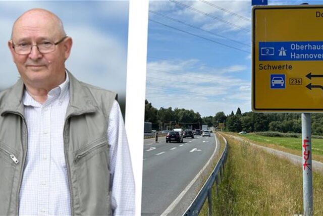 Bildmontage: Links: Porträt von Joachim Kindler. Rechts: Die B54 mit dem Vorwegweise zur Kreuzung B236, der anzeigt, dass es zwei separate Linksabbiegespuren gebe.