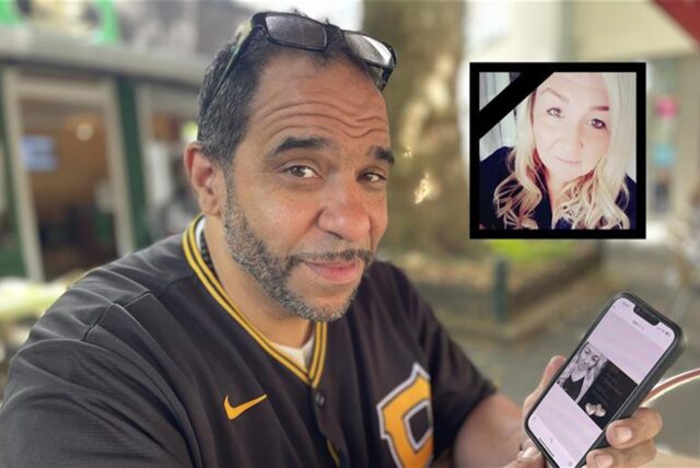 Callage: Dortmunder Tim Marzusch mit einem Foto der verstorbenen Melanie (43) aus Dortmund-Mengede