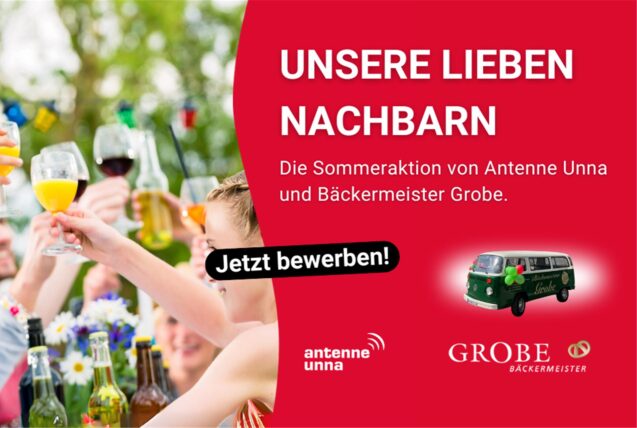 Grafik mit einer Anzeige zur Sommeraktion von Antenne Unna und Grobe, linksseitig ein Bild von Leuten, die draußen mit Gläsern anstoßen.