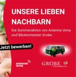 Grafik mit einer Anzeige zur Sommeraktion von Antenne Unna und Grobe, linksseitig ein Bild von Leuten, die draußen mit Gläsern anstoßen.