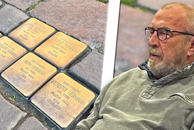 Montage: Josef Börste von den Grünen und die Stolpersteine der Familie Heimann in der Steinstraße in Werne.