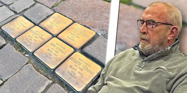 Montage: Josef Börste von den Grünen und die Stolpersteine der Familie Heimann in der Steinstraße in Werne.
