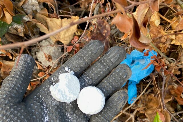 Eine mit Arbeitshandschuh geschützte Hand mit Chlortabletten. Unbekannte versuchten in Kamen, einen Baum in Methler zu schädigen.