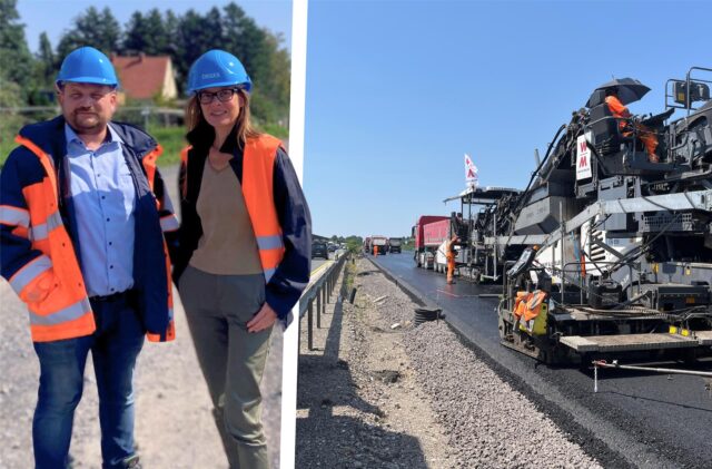 Deges-Projektleiter Paul Rehbein und Unternehmenssprecherin Simone Döll sehen sich zwischen Dortmund und Unna im Zeitplan: Asphaltfertiger bringen derzeit eine rund 40 Zentimeter dicke Zwischenschicht für die neuen Fahrspuren auf der A40 auf.