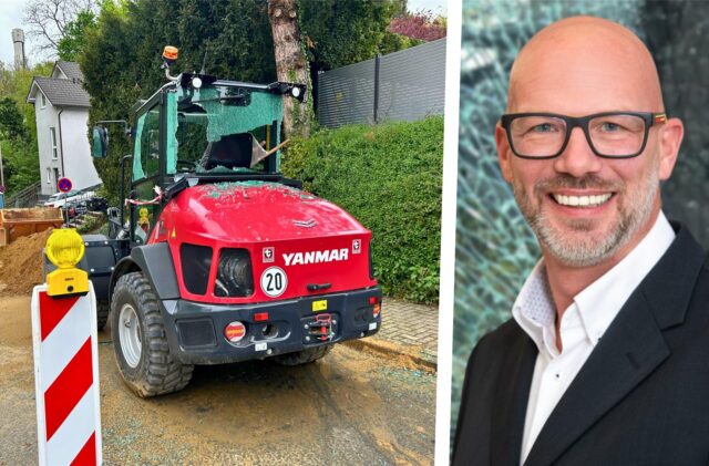 Die Scheiben eines roten Radladers der Marke „Yanmar“ sind zerstört. Glas liegt auf der Baumaschine an der Falkstraße in Unna. Auch die Maschinen der Firma Mamys Straßen- und Tiefbau GmbH wurden zuletzt immer wieder beschädigt – dort arbeitet Dennis Scheurer als Technischer Prokurist.