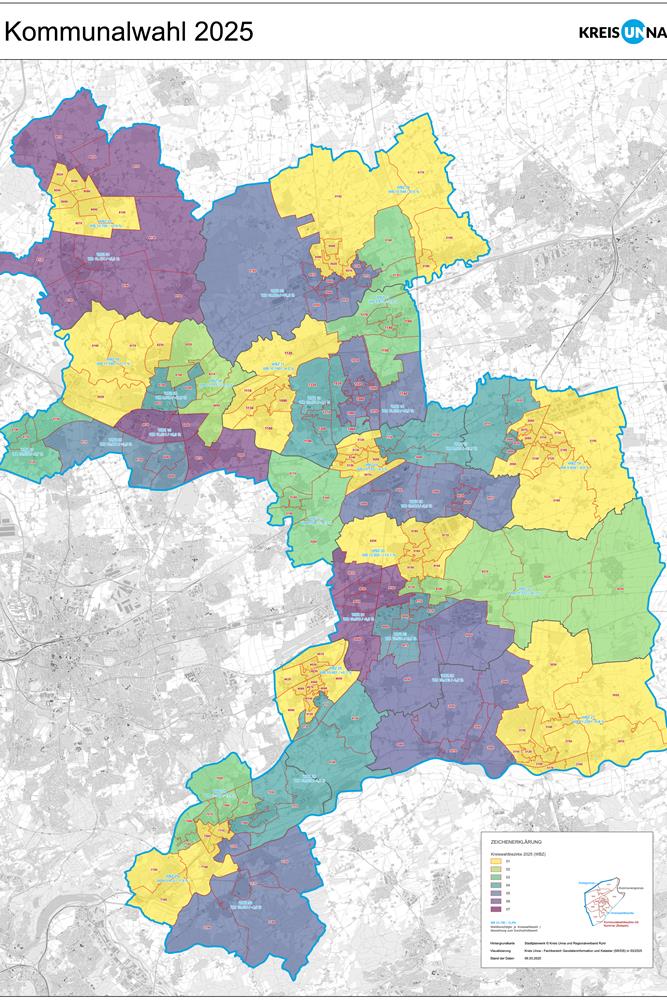 Karte mit den 30 Kreiswahlbezirken bei den Kommunalwahlen 2025 im Kreis Unna. Karte mit den 30 Kreiswahlbezirken bei den Kommunalwahlen 2025 im Kreis Unna.