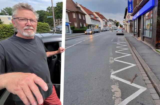 Andreas Blees (68) steht an der Eichenstraße in Unna an seinem Auto. Er fordert Zickzacklinien für seine Straße. Die Stadt lehnt ab, bringt die Markierungen aber wenig später auf dem Massener Hellweg auf.