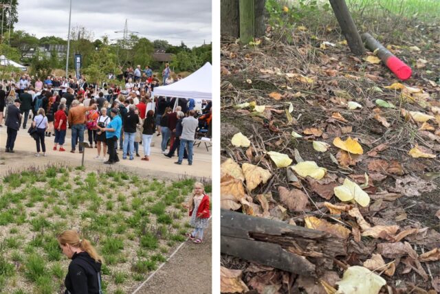 Holzpfähle liegen herausgerissen im neuen Klimagarten in Schwerte herum.