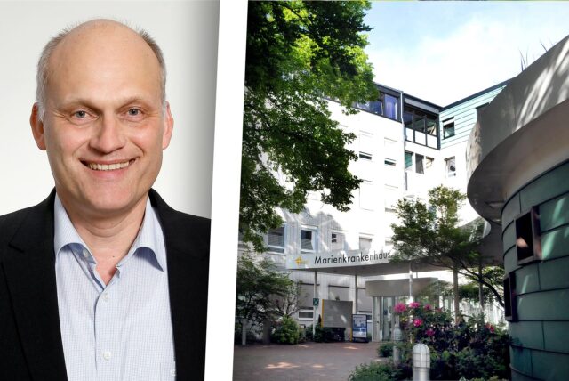 Links Jürgen Beyer, Geschäftsführer des Marienkrankenhauses Schwerte, rechts der Eingang des Krankenhauses an der Goethestraße.