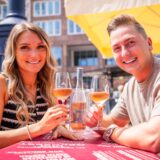 Ein Mann und eine Frau stoßen vor dem Rathaus in Dortmund mit Weingläsern an.